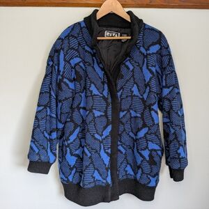Vintage Retro Grandmacore Sweater Insulated Jacket Womens Medium Blue Black Zip